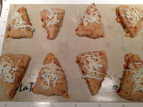 Partially baked scones with mozzerella cheese added